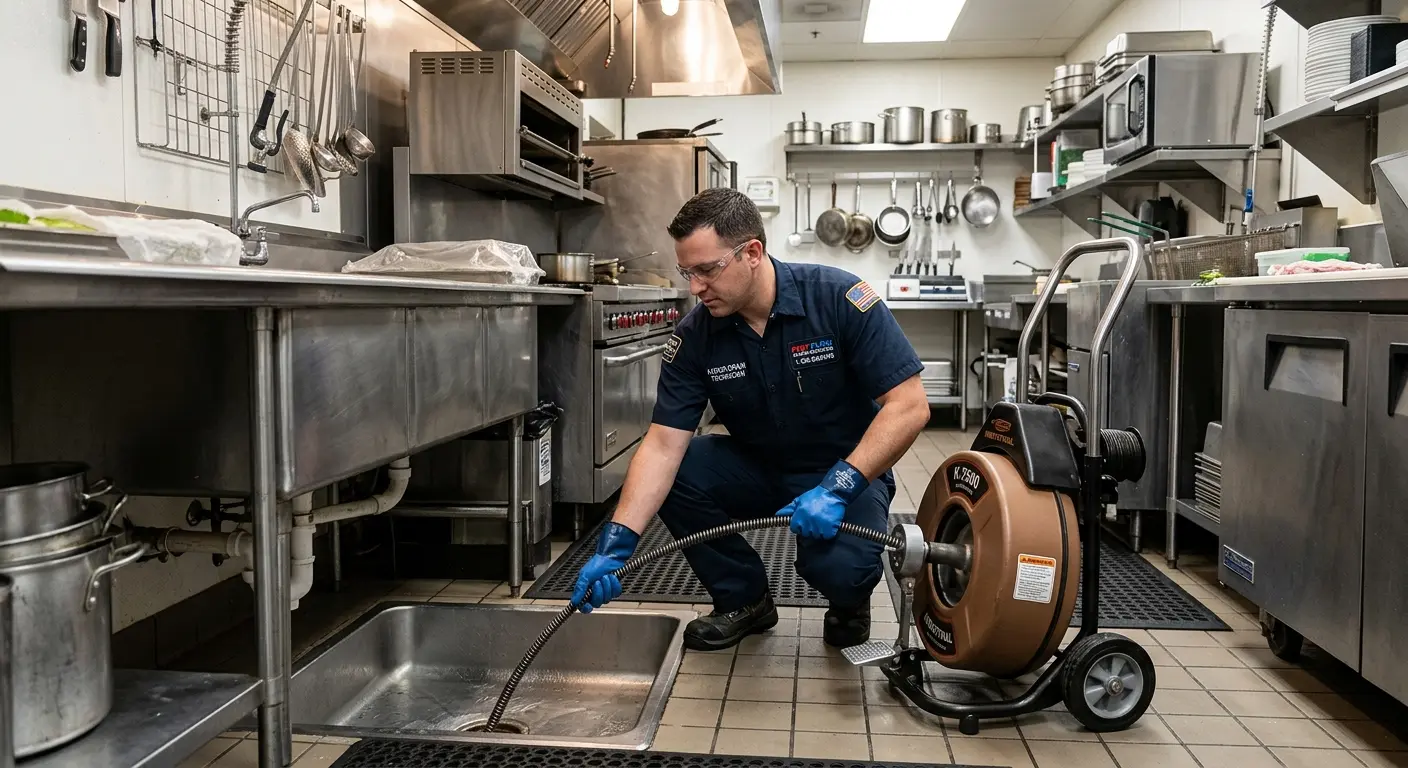 Commercial drain cleaning service in a restaurant kitchen in Tega Cay