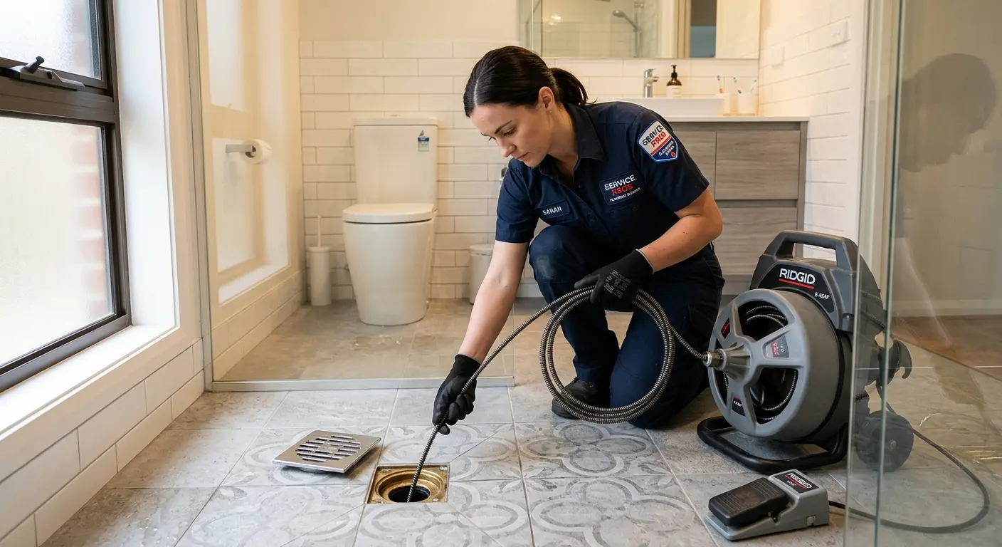 Technician clearing a bathroom floor drain for Clogged Drain Repair in Tega Cay